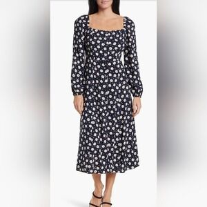 Frnch Agniela Floral Long Sleeve
Button Midi Dress Navy Blue Square Neck Small